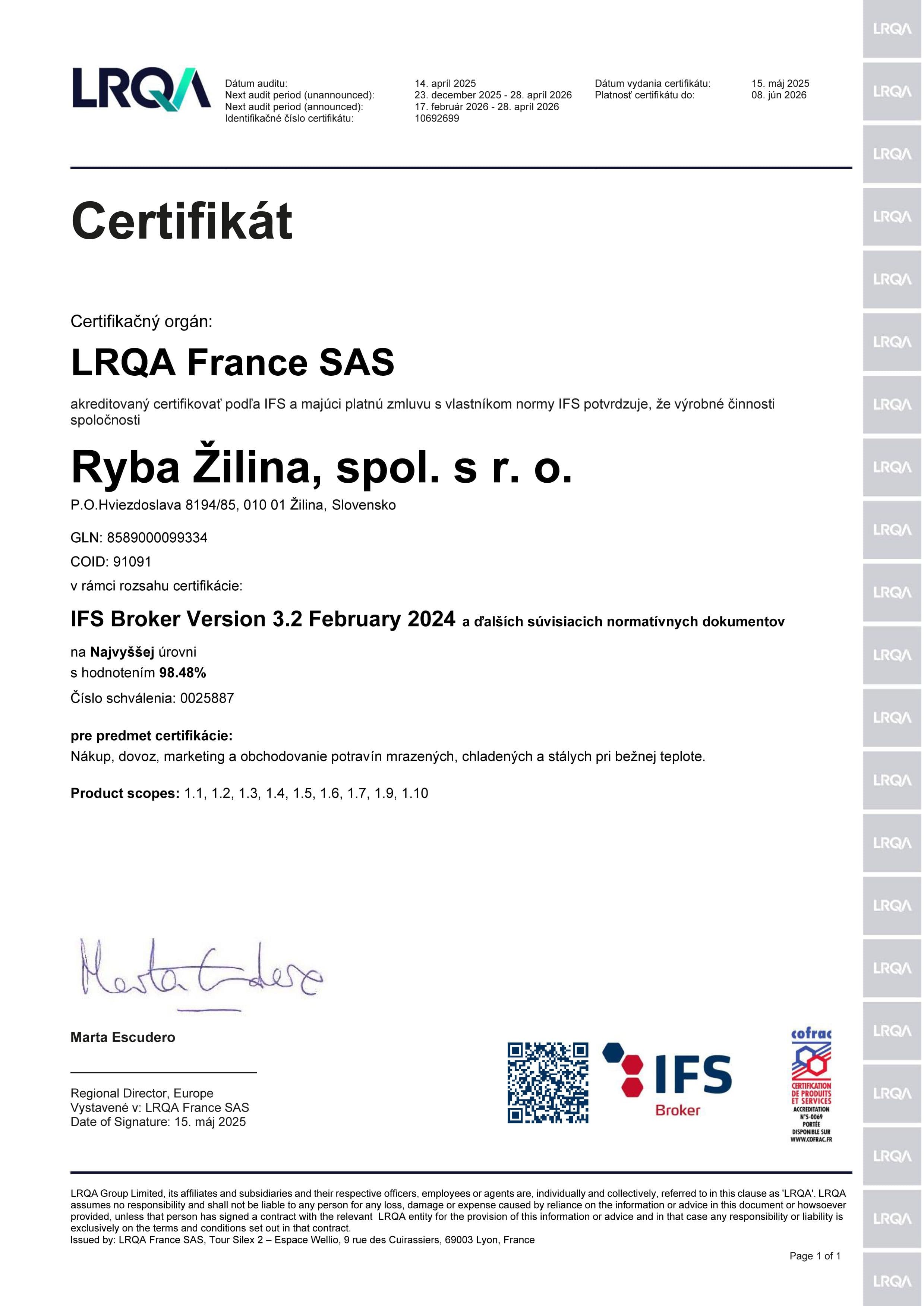 Certifikát IFS-SLKSK-COFRAC