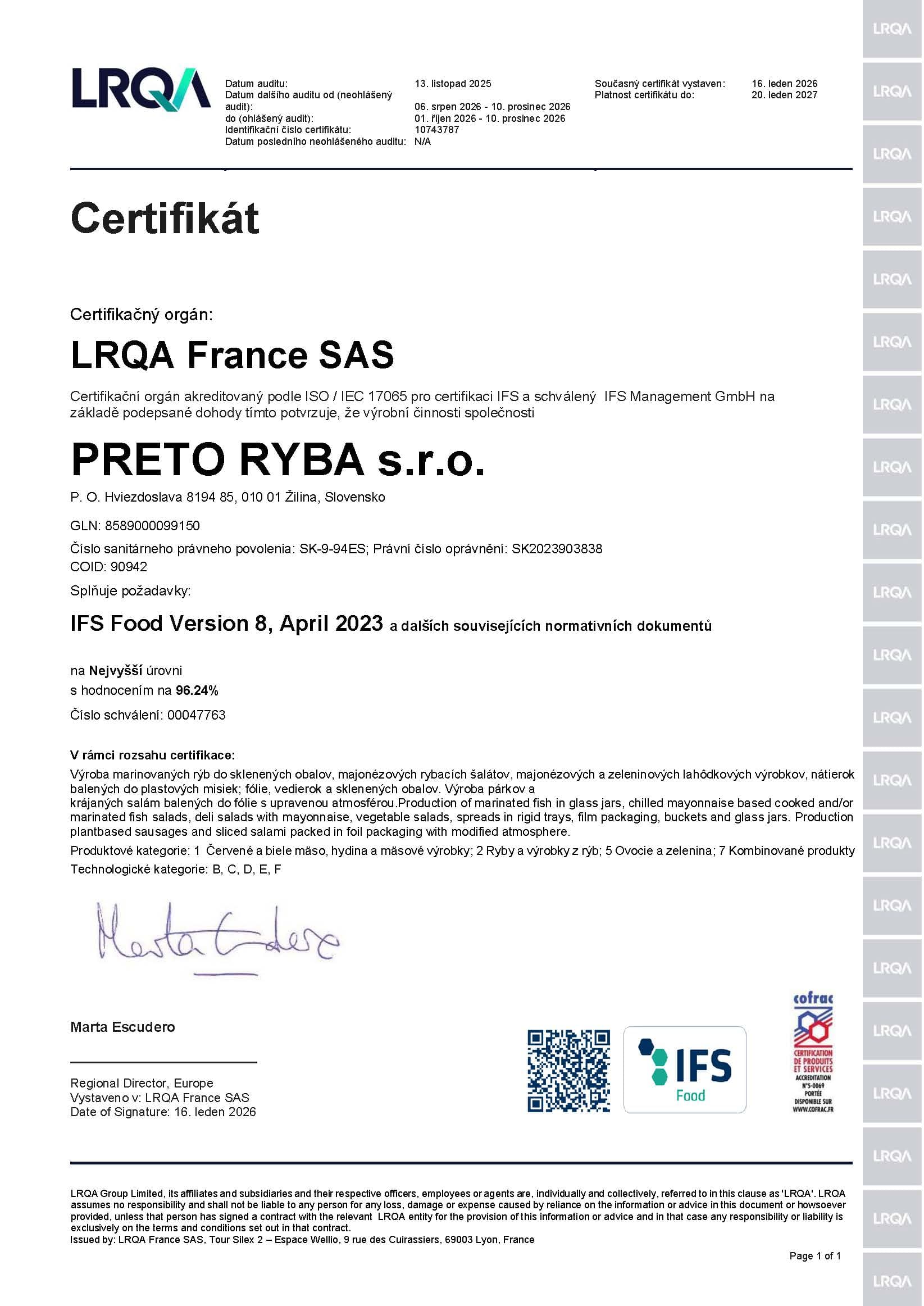 Certifikát LRQA France SAS